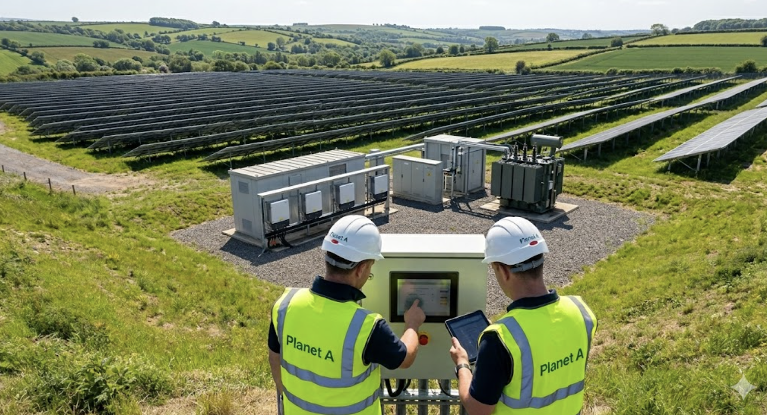 Two Planet A engineers in hi-vis reviewing a solar and battery-storage site in the Cornish countryside